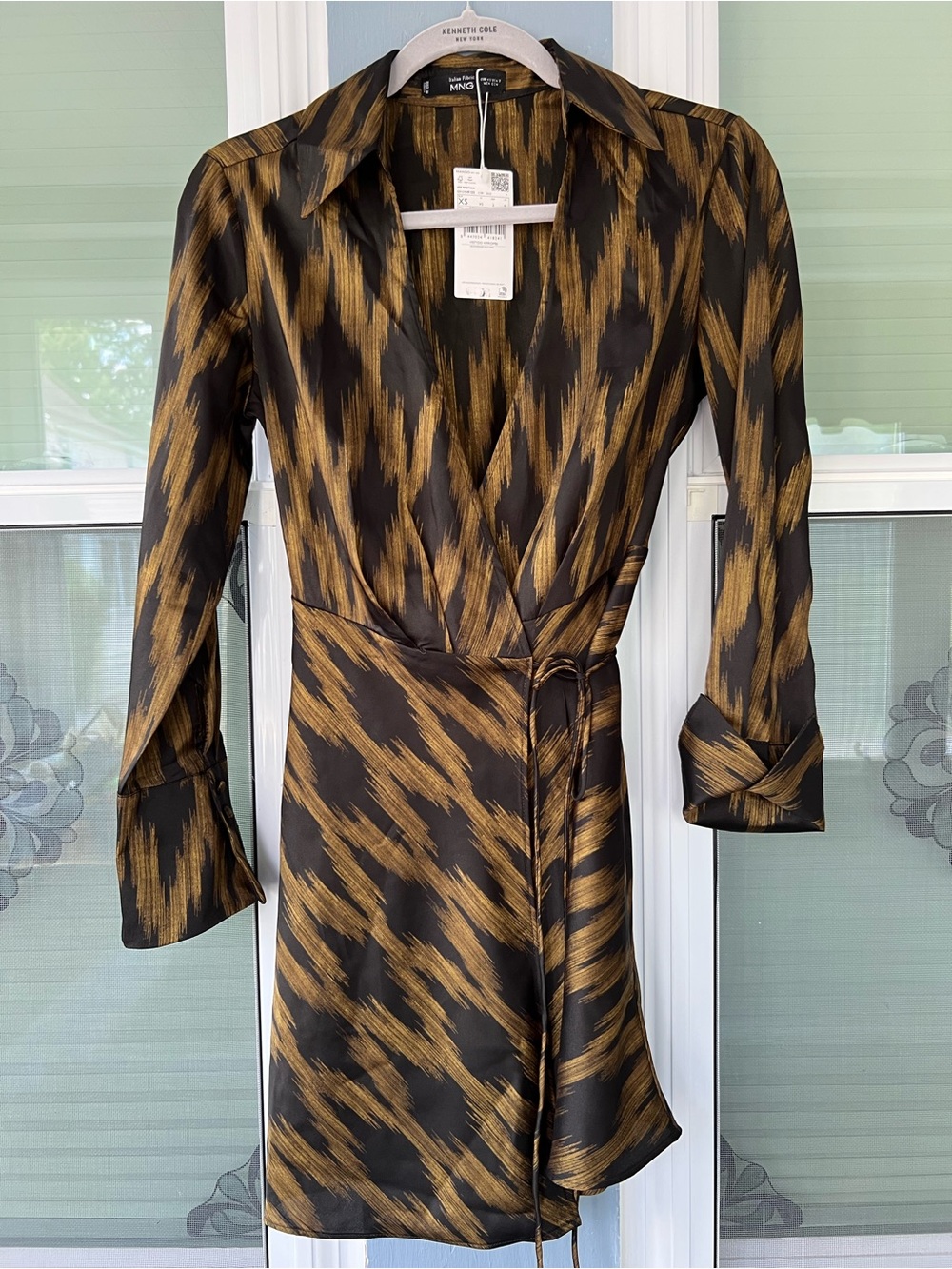 Mango Black and Gold Brushstroke Mini Wrap Dress